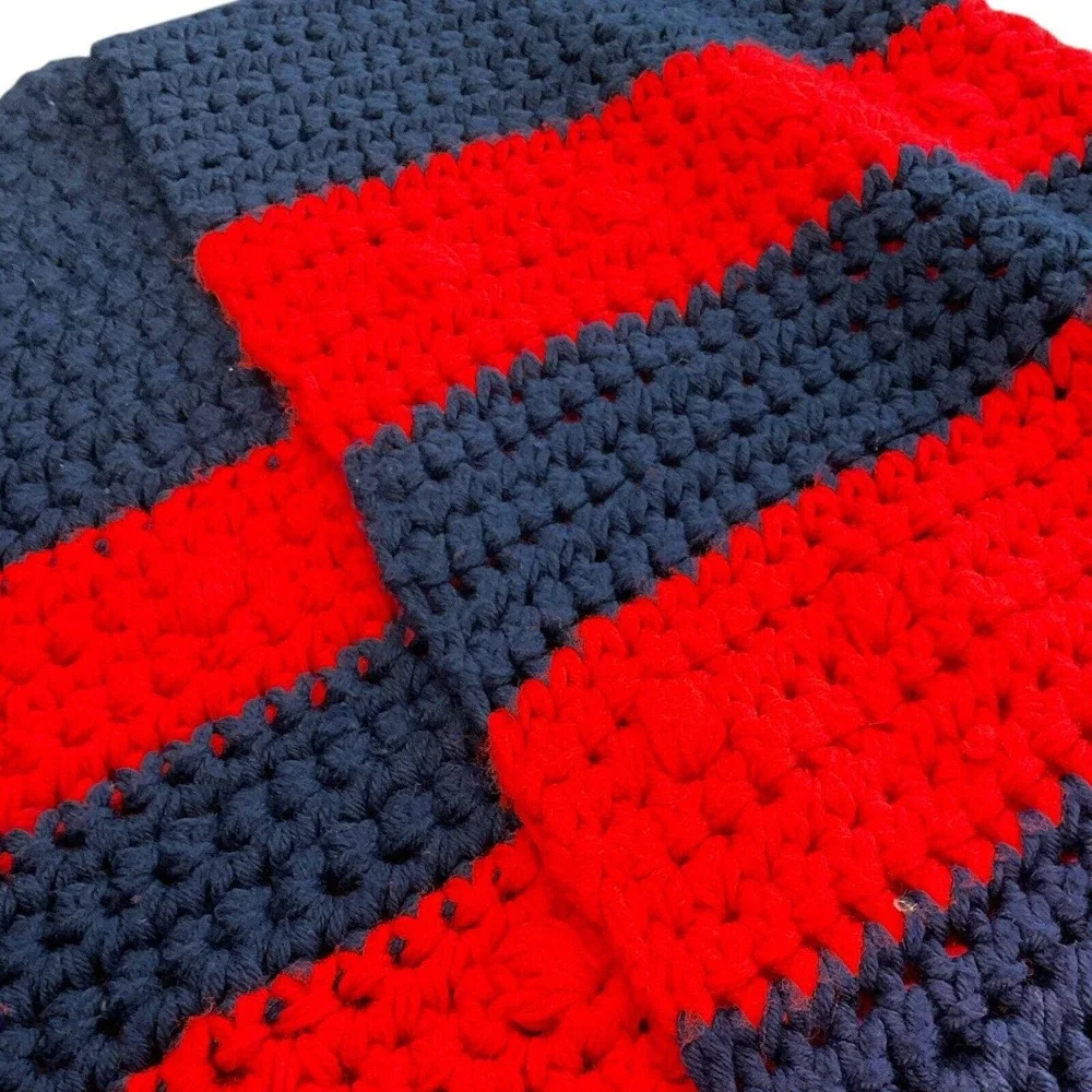 Handmade Crochet Afghan Patriotic Heavyweight Yarn Striped Blanket‎ Throw